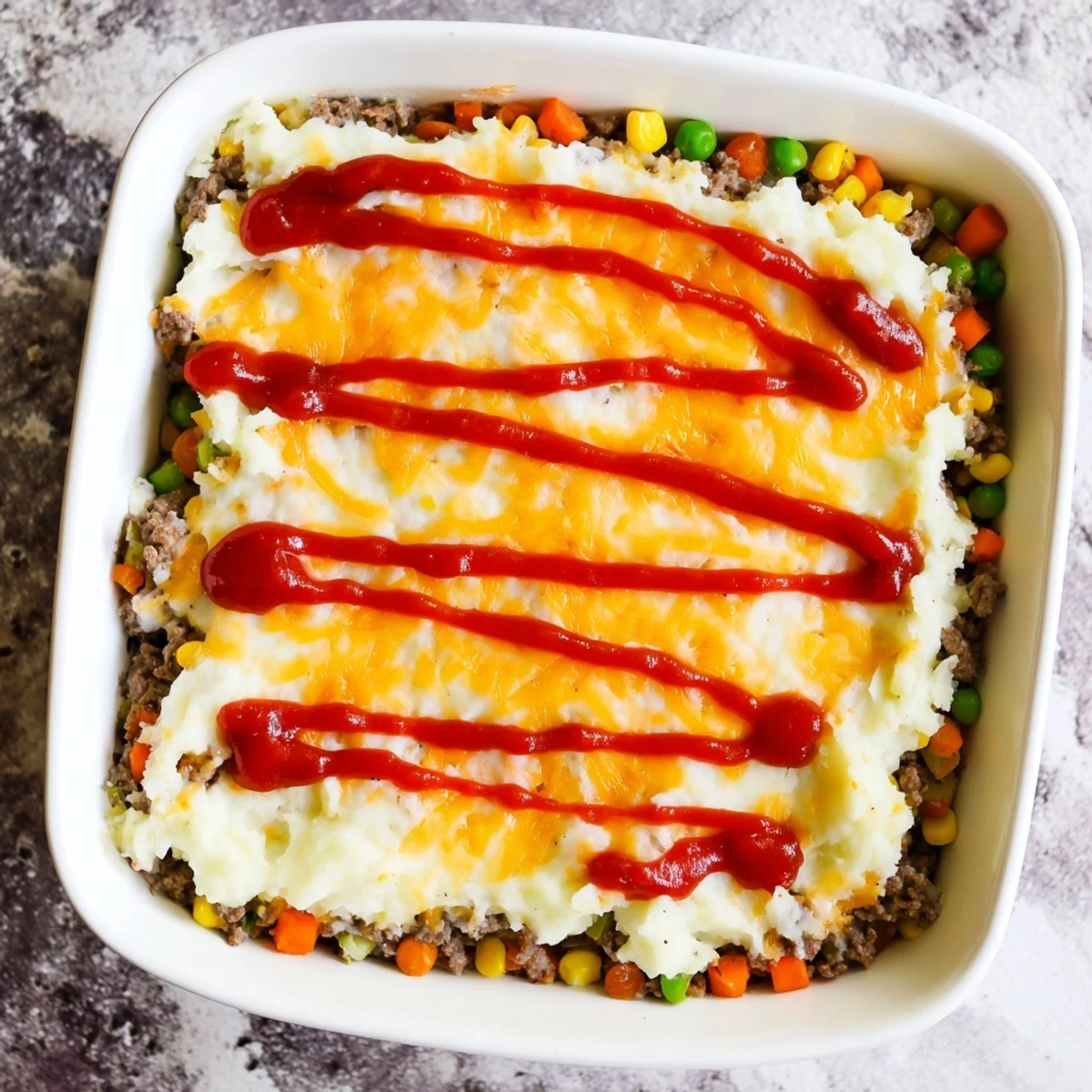 Hearty meatloaf casserole featuring savory beef and pork base topped with fluffy mashed potatoes and golden cheese crust