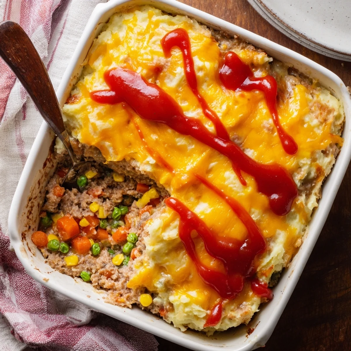 Comforting meatloaf casserole fresh from the oven with ketchup-drizzled mashed potato topping and melted shredded cheese