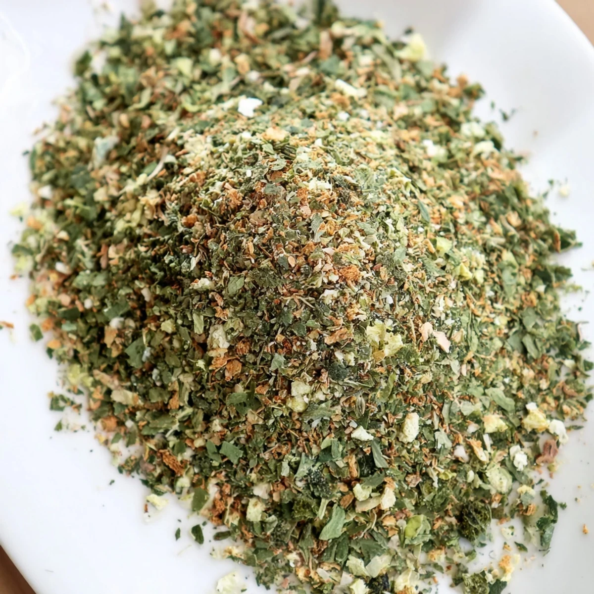 Homemade dehydrated tzatziki seasoning mix in a glass jar with dried herbs and spices visible