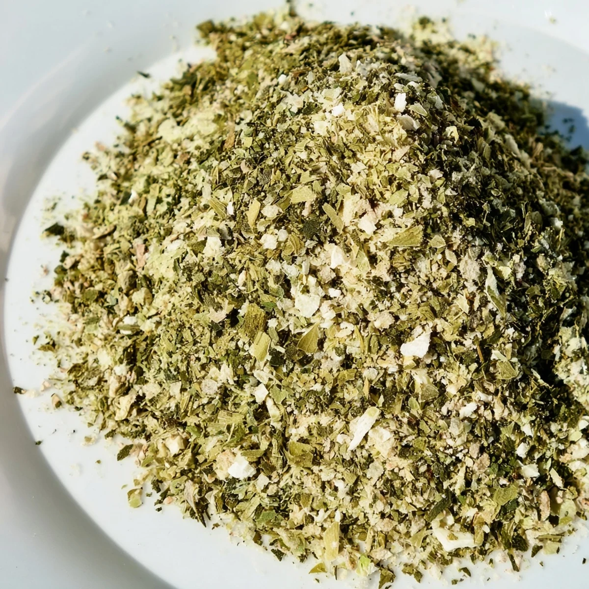 Close-up of tzatziki seasoning blend sprinkled over creamy Greek yogurt dip with fresh herbs