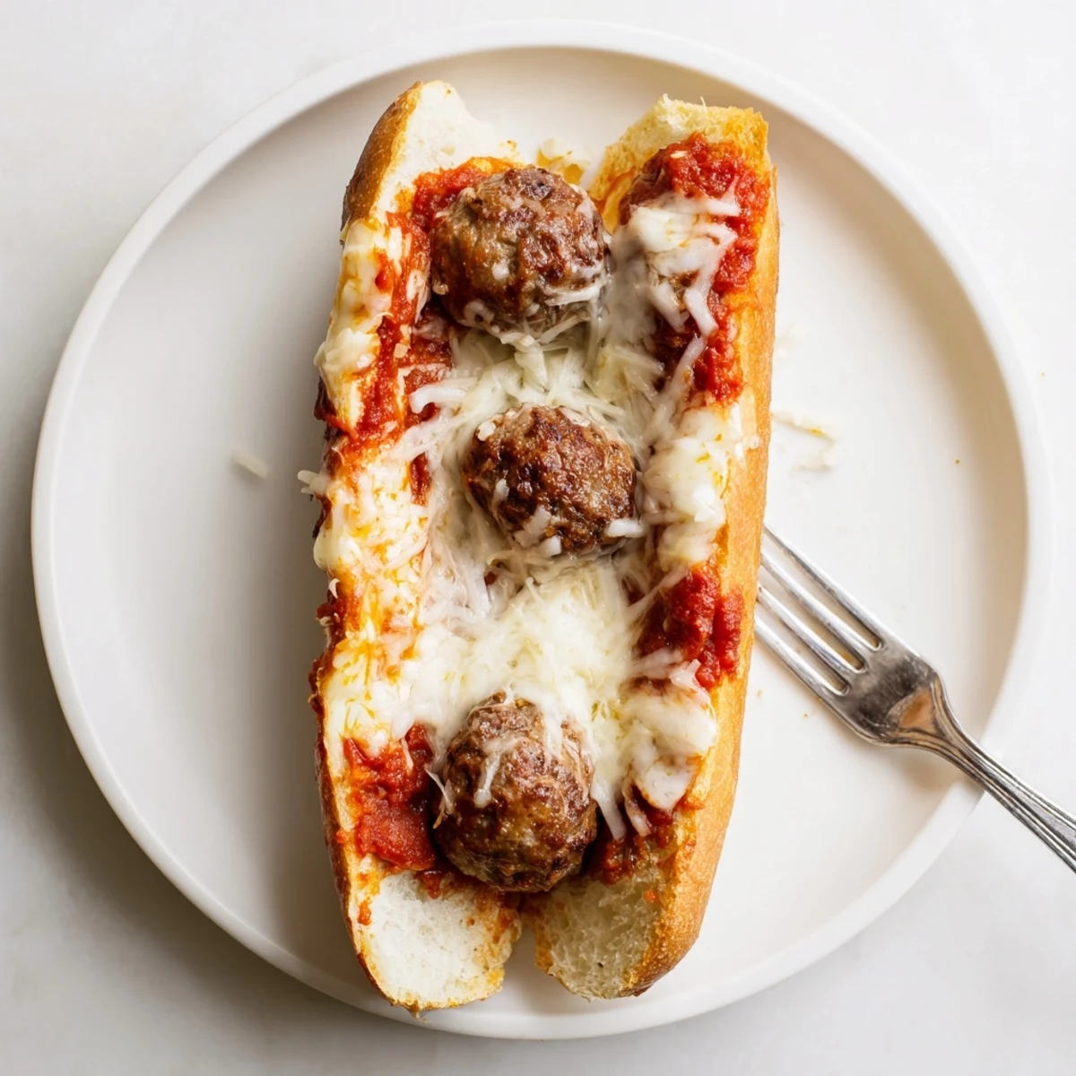 Golden brown meatballs smothered in rich marinara and melted mozzarella inside toasted garlic sub rolls