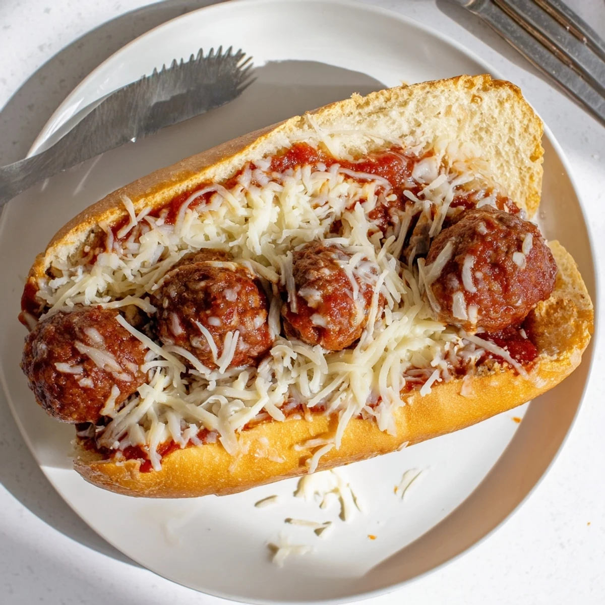 Savory homemade beef meatballs nestled in crusty hoagie rolls with gooey cheese and tangy tomato sauce