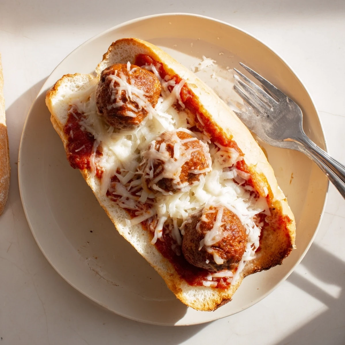 Hot meatball submarine sandwich piled high with tender meatballs marinara and bubbling shredded mozzarella cheese