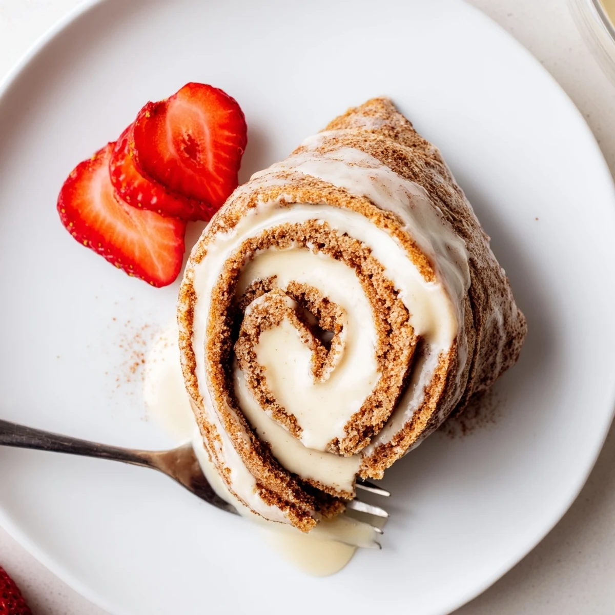 Warm Cinnamon Roll Protein Crepes Recipe topped with glossy protein glaze, steaming