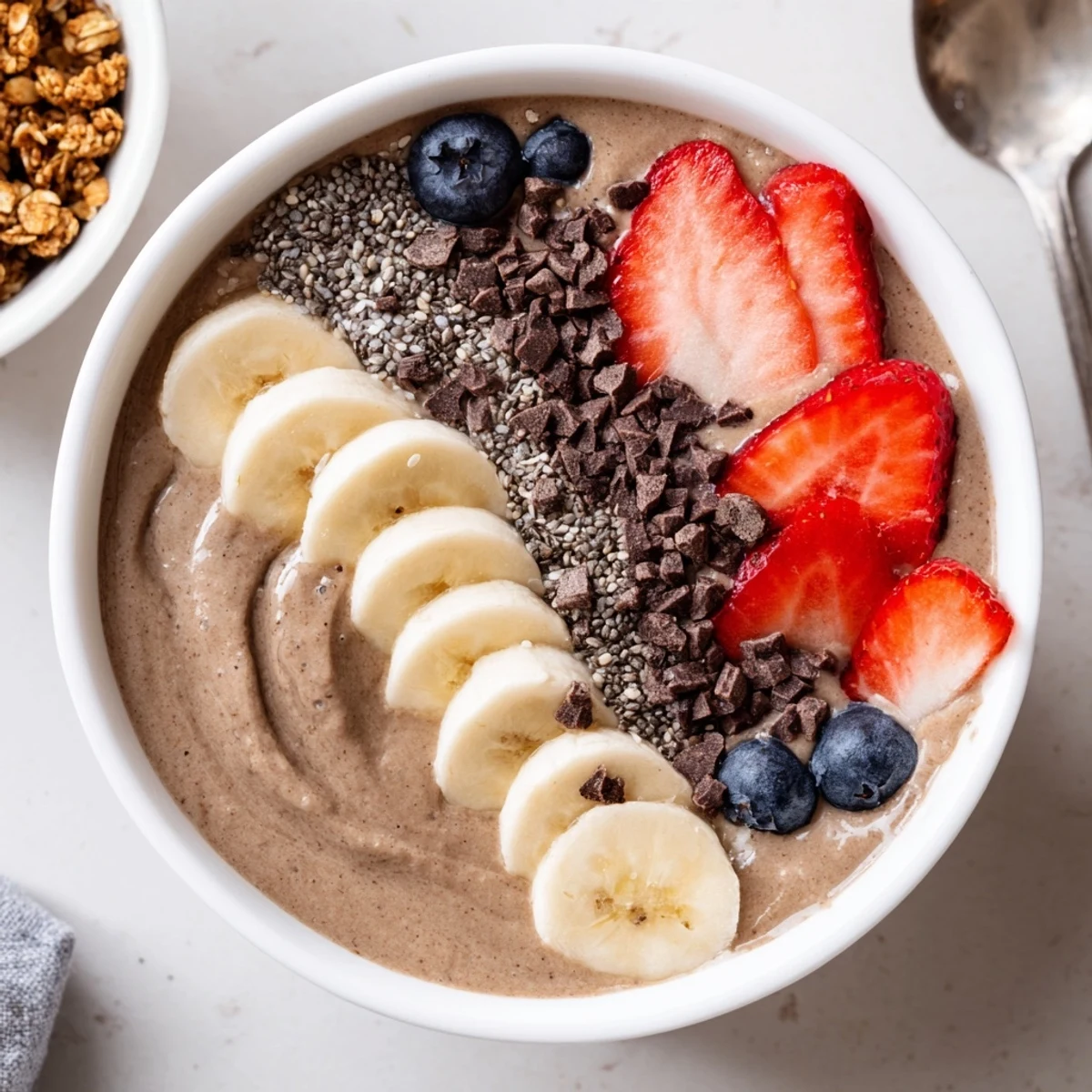 Creamy Coffee Protein Smoothie Bowl topped with crunchy granola and berries