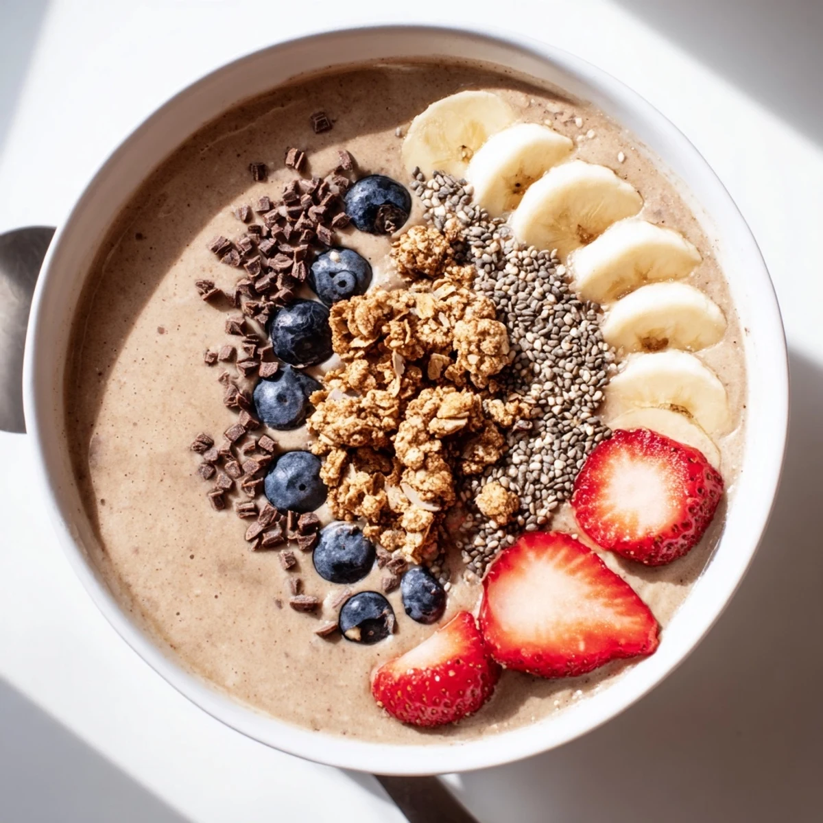 Swirled with almond butter, Coffee Protein Smoothie Bowl chilled and ready