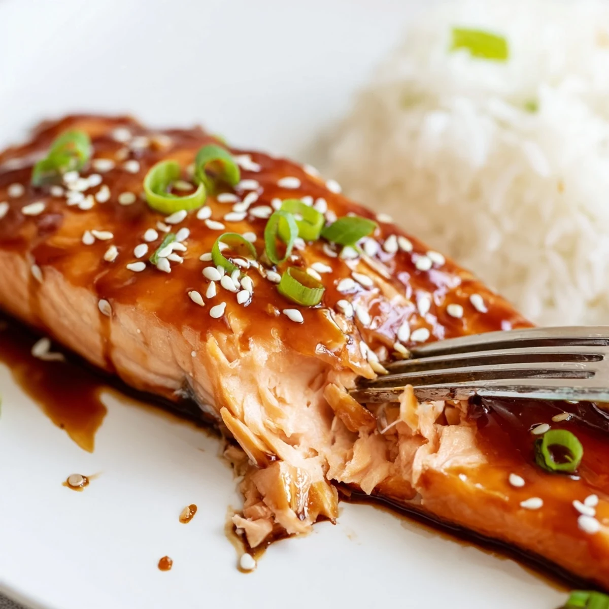 Serving suggestion: Gluten Free Teriyaki Salmon Recipe atop steamed rice, sliced scallions