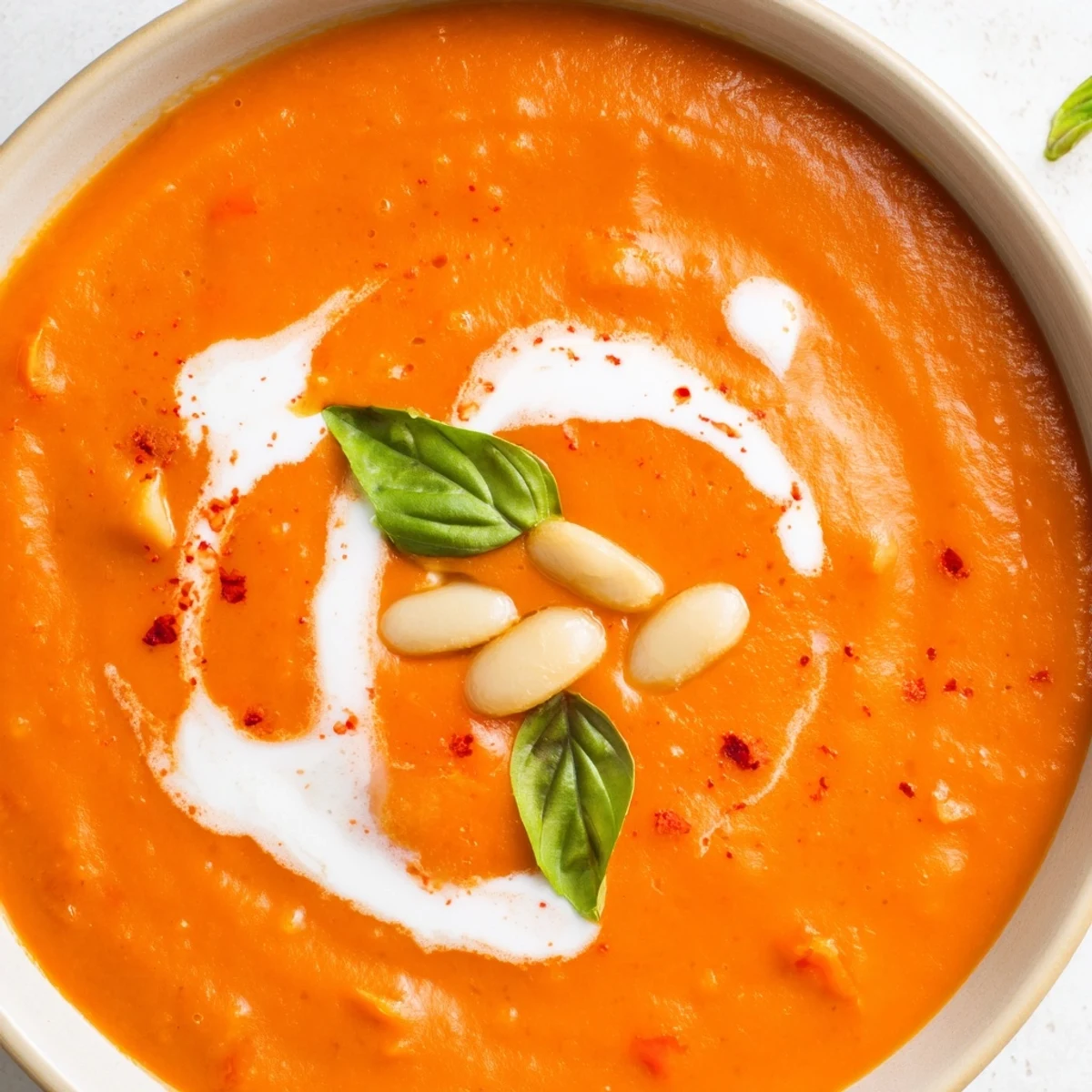 Vibrant red high protein tomato soup ladled into a bowl beside crusty bread
