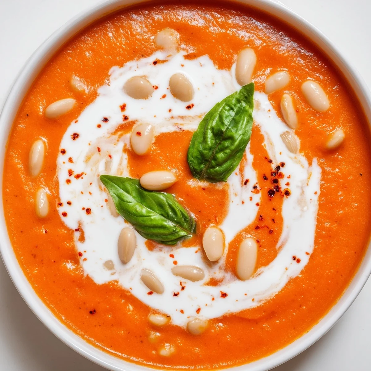 Creamy high protein tomato soup topped with fresh basil and a yogurt swirl
