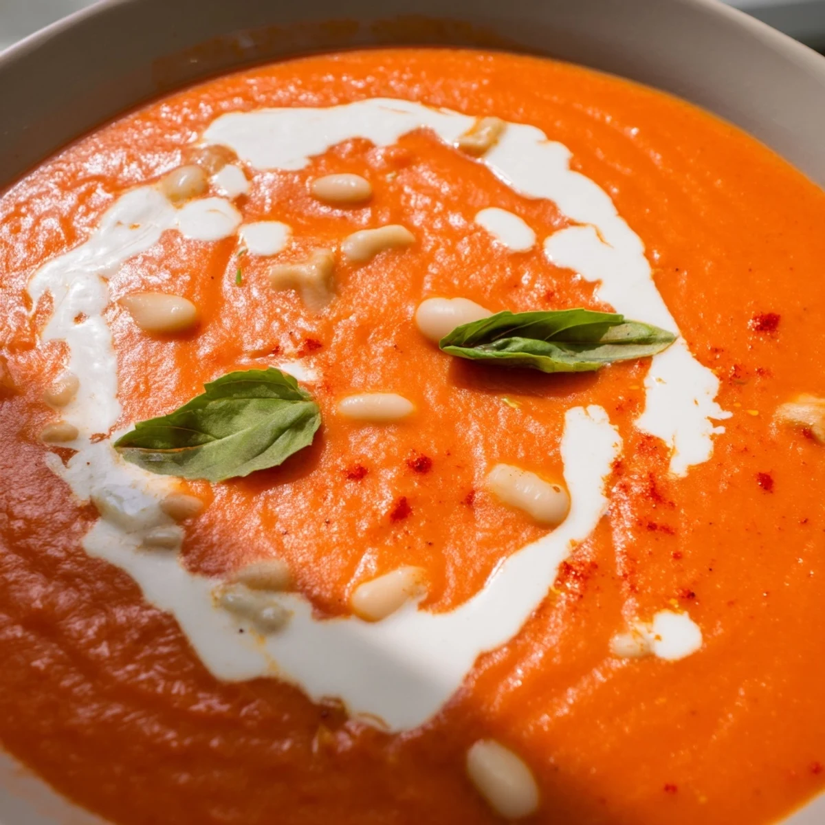 Steaming bowl of high protein tomato soup garnished with basil leaves and yogurt