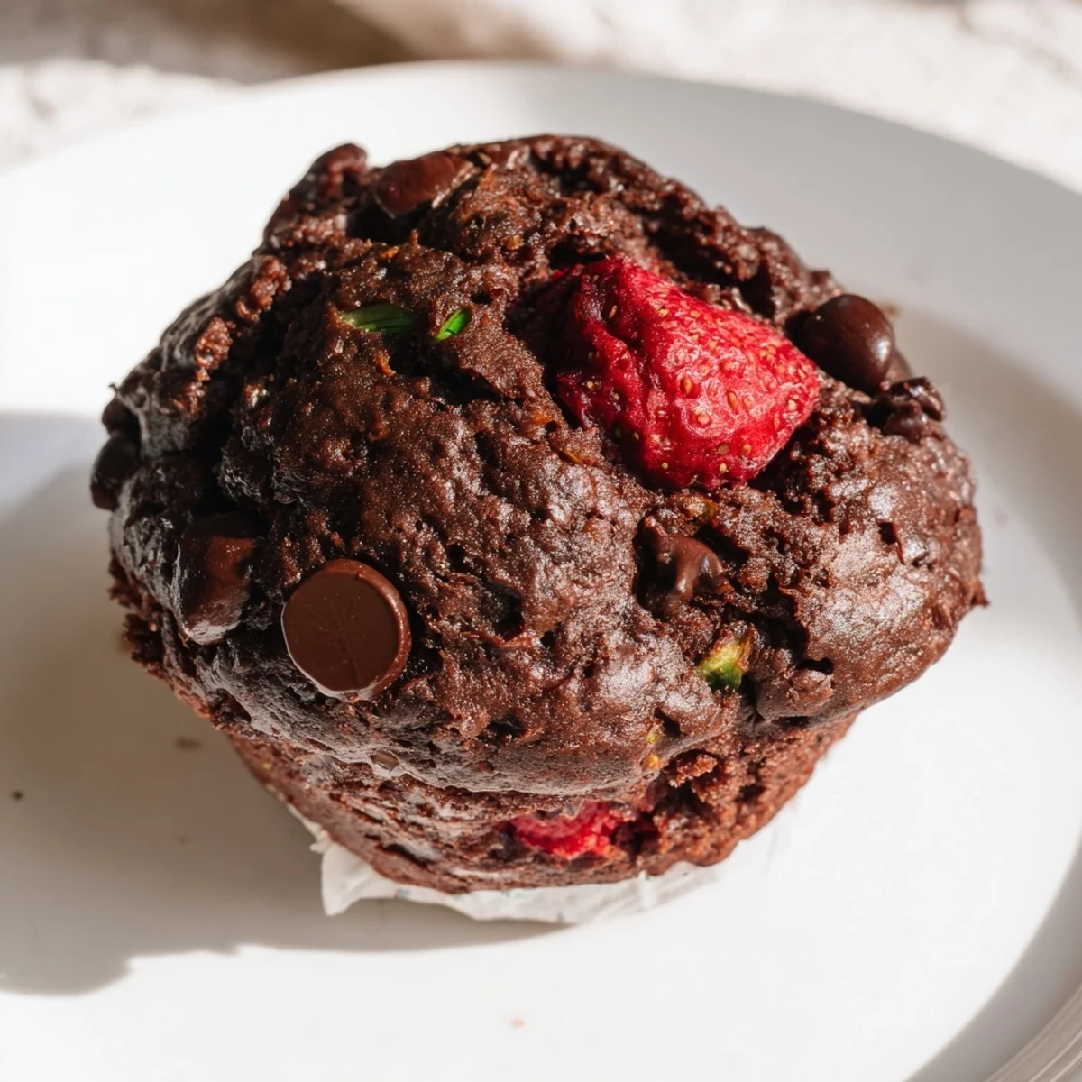 Chocolate zucchini strawberry muffins with melty chips served warm on a rustic cooling rack