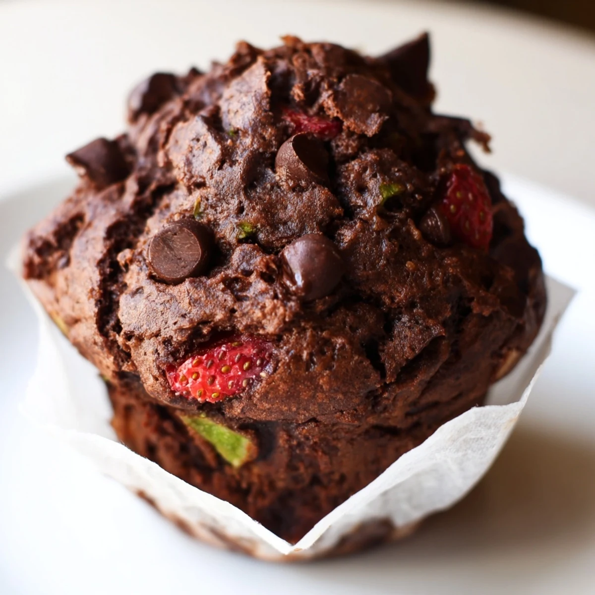 Fresh-baked chocolate zucchini strawberry muffins studded with juicy berries arranged on a breakfast table