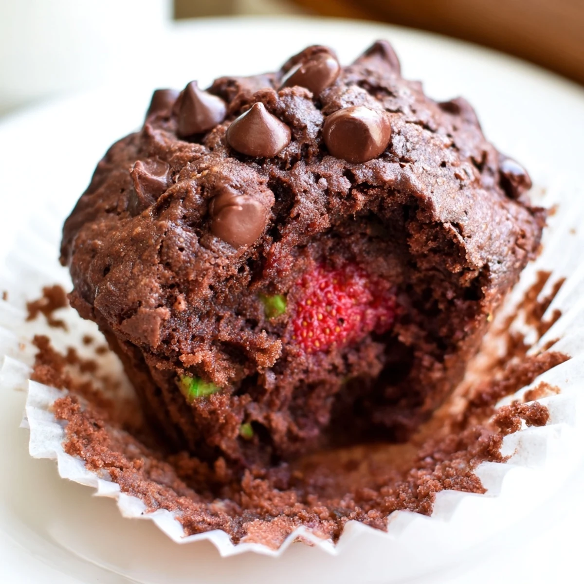 Double chocolate zucchini strawberry muffins topped with a dusting of cocoa on a lined baking sheet