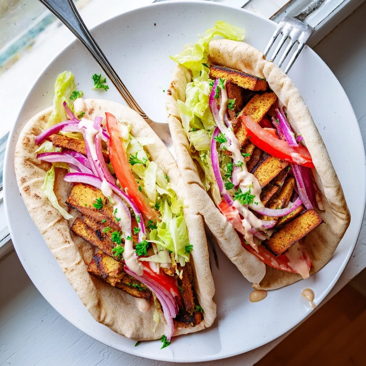 Golden tofu shawarma strips seasoned with warm spices resting on a rustic wooden board