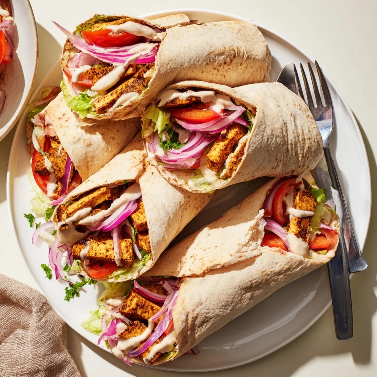 Crispy tofu shawarma tucked inside warm pita with fresh vegetables and creamy tahini