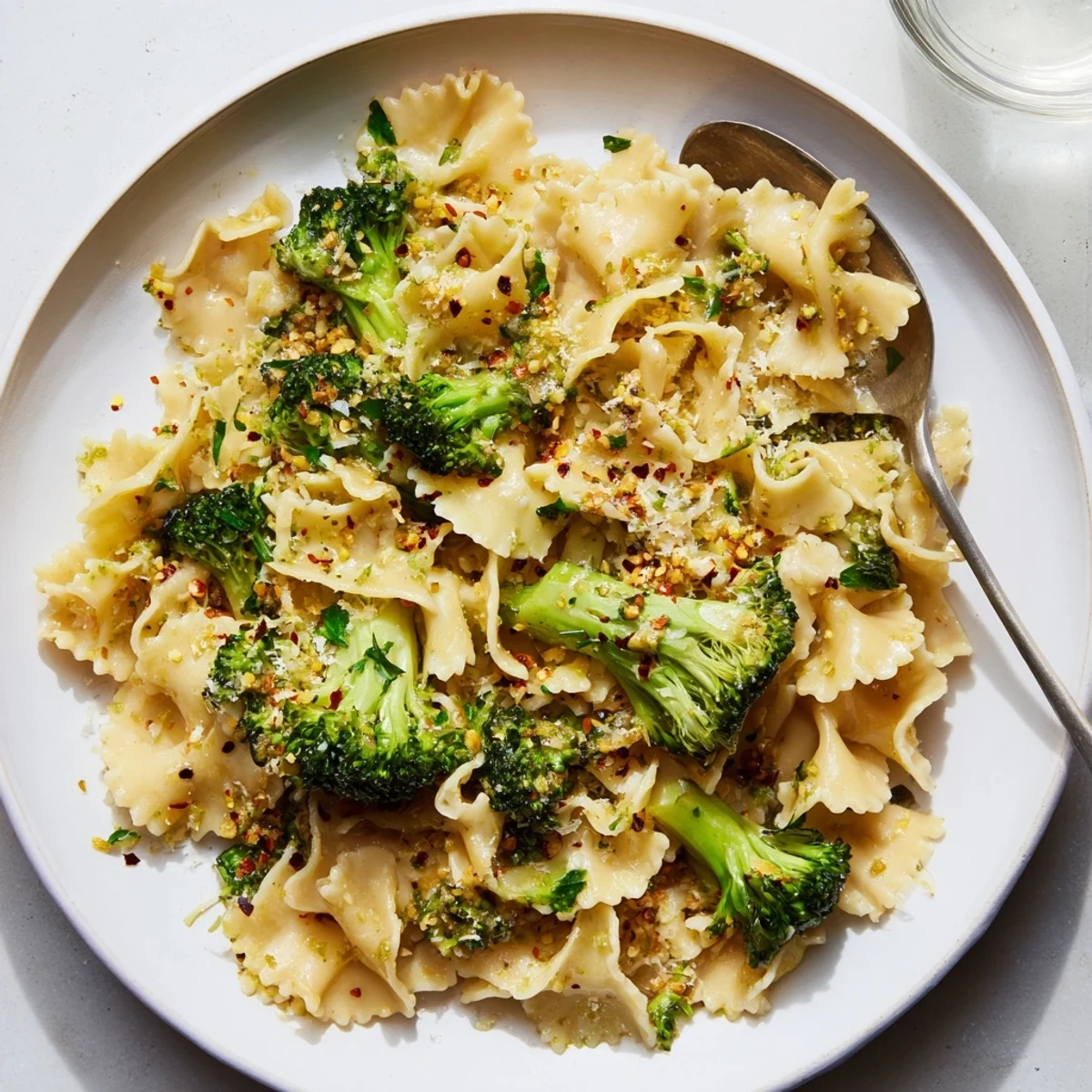 Bright green broccoli florets and ribbons of mafaldine pasta glistening with lemon olive oil