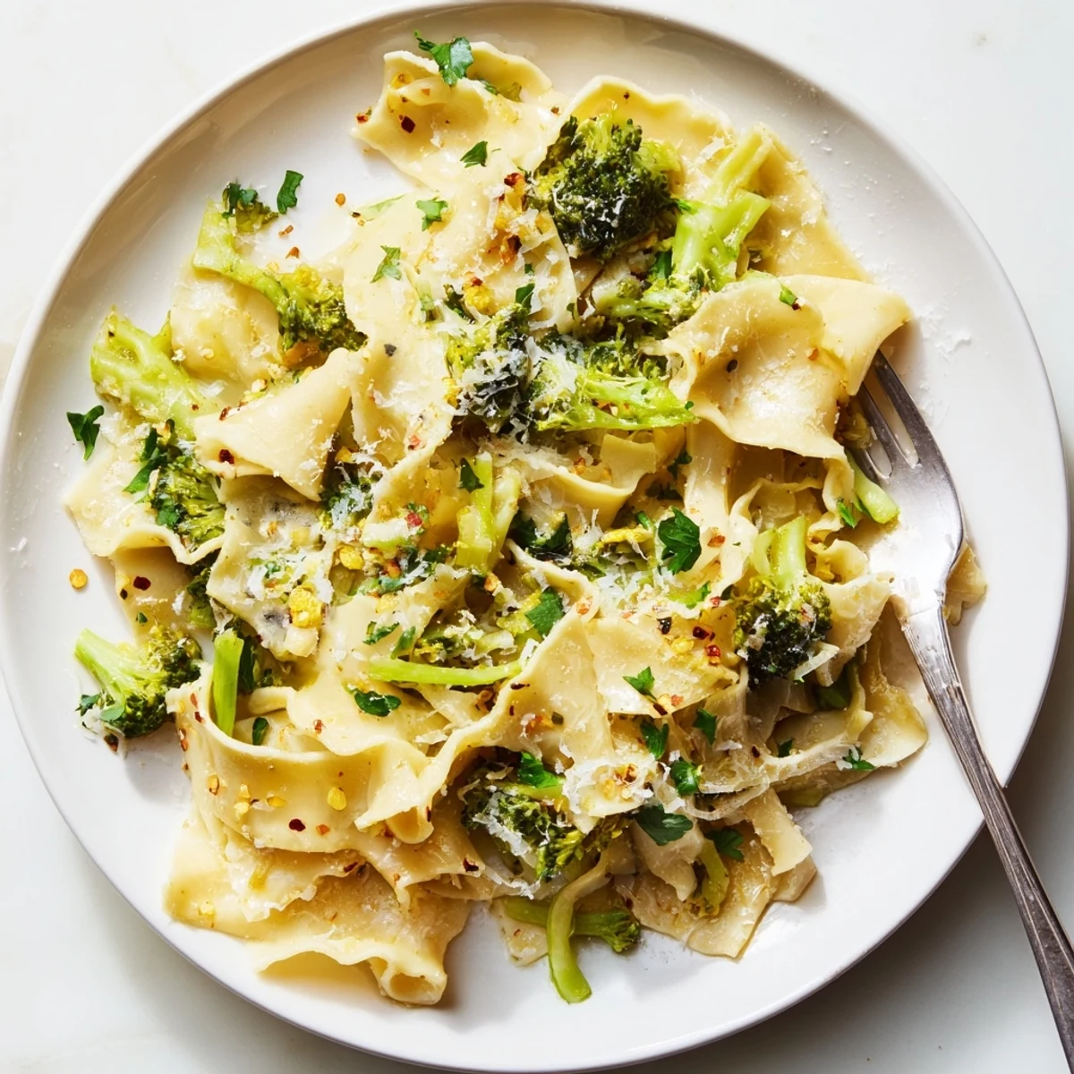 Mafaldine Limone Broccoli Pasta tossed in a creamy tangy lemon Parmesan sauce