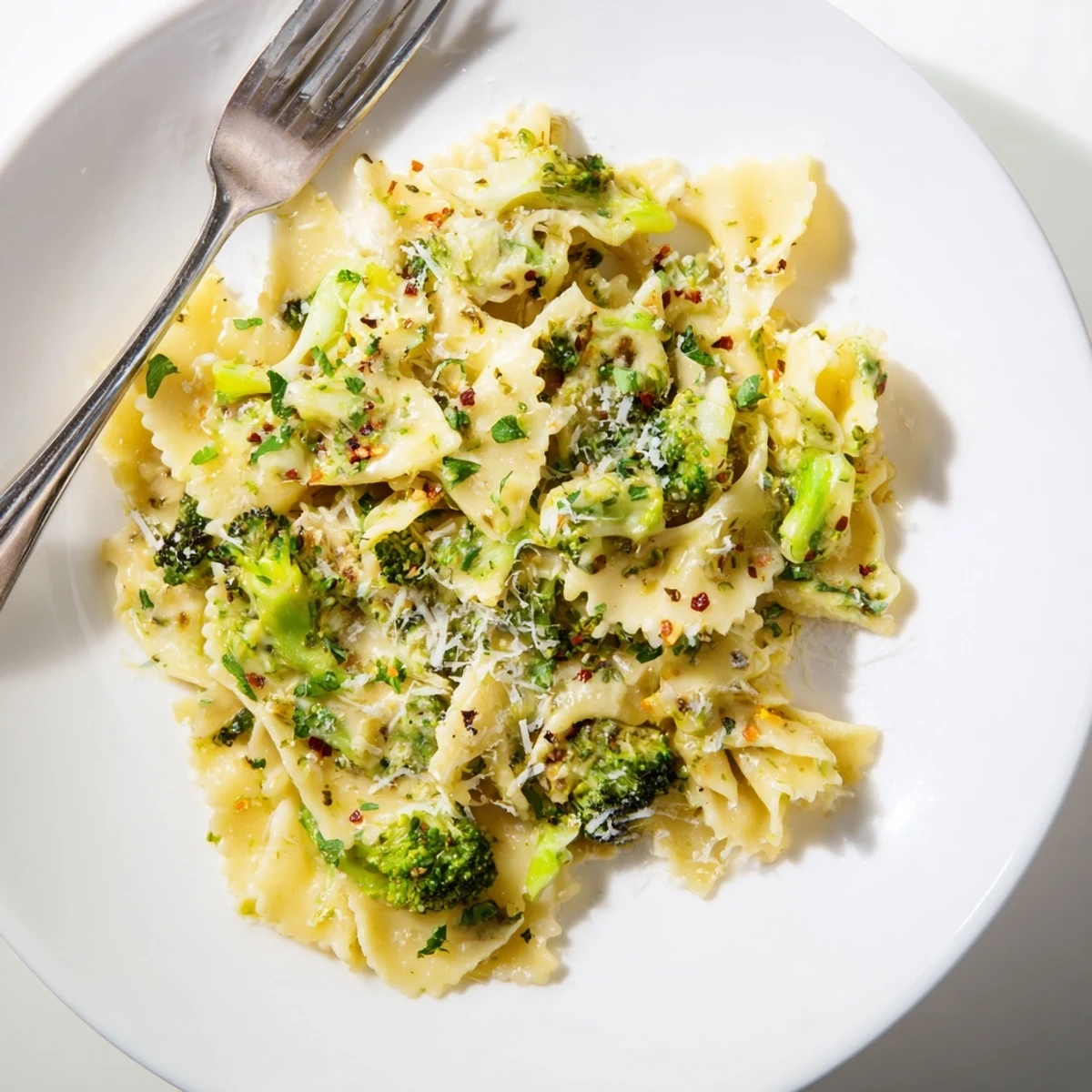 Steaming bowl of Mafaldine Limone Broccoli Pasta finished with fresh basil and cracked black pepper