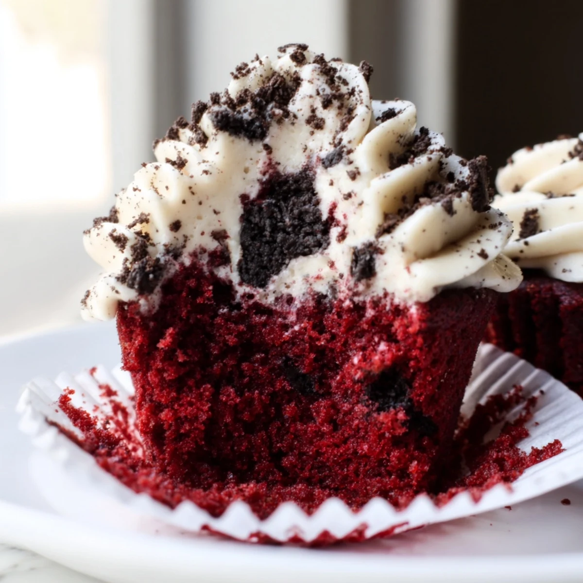 Red Velvet Oreo Cupcakes topped with creamy cookies and cream frosting on a rustic plate