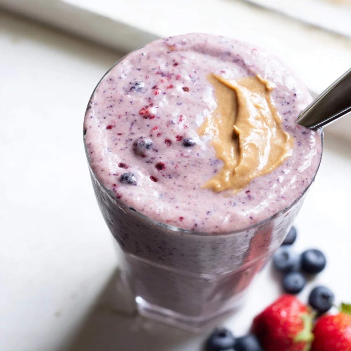 Thick purple peanut butter berry smoothie swirled in a glass beside ripe strawberries and bananas
