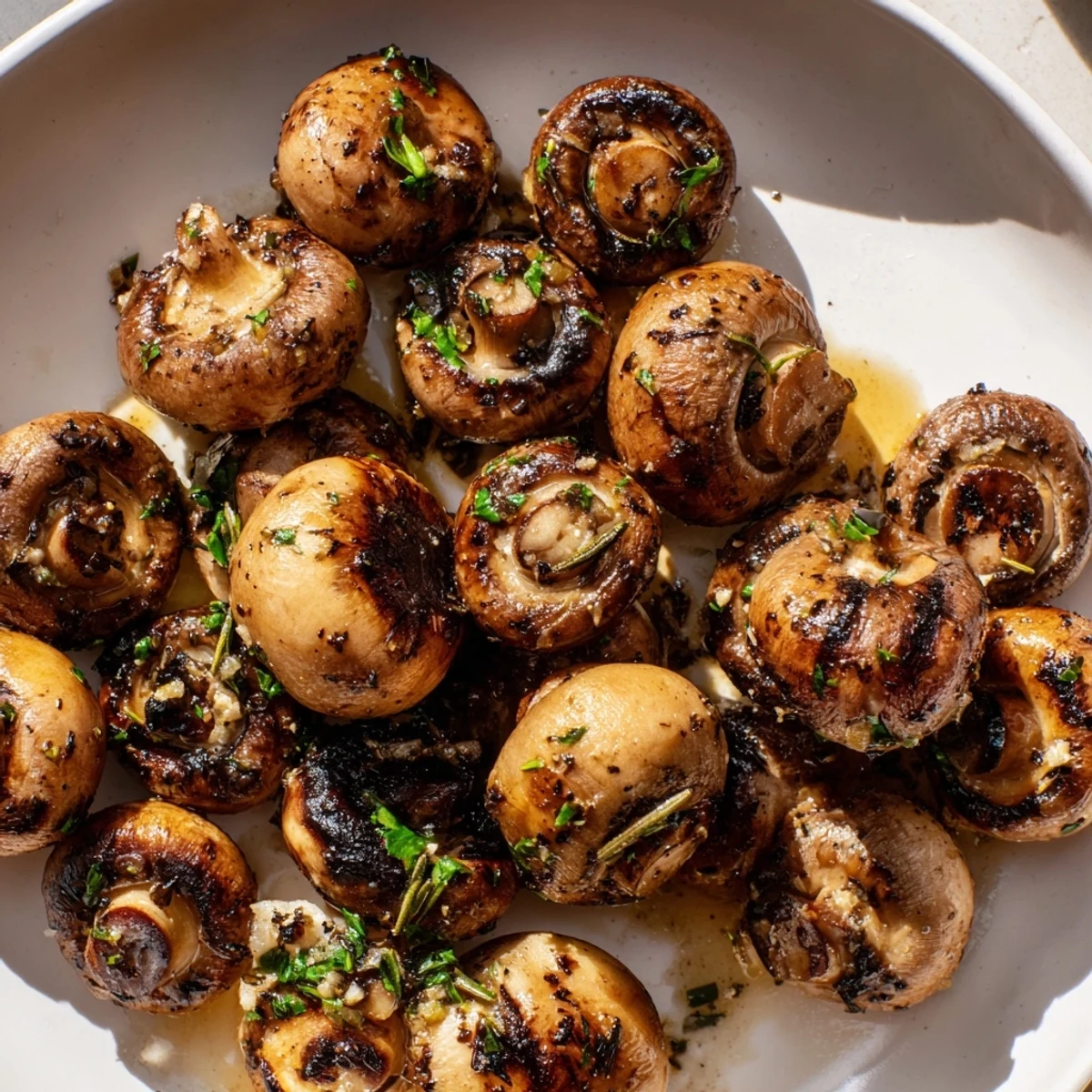 Golden sautéed grilled garlic mushrooms glistening with butter and fresh parsley