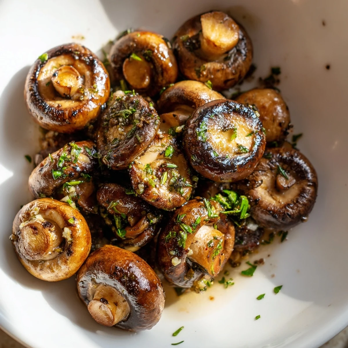 Smoky grilled garlic mushrooms sizzling in a skillet with fragrant herbs