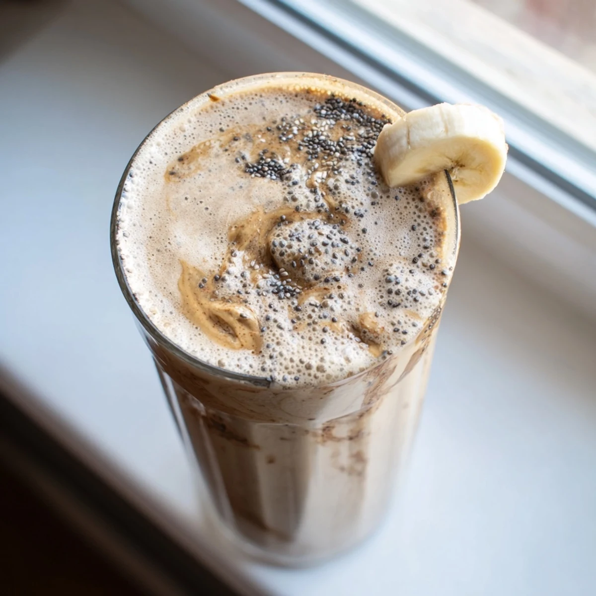 Thick frothy banana protein coffee smoothie served in a mason jar with a straw