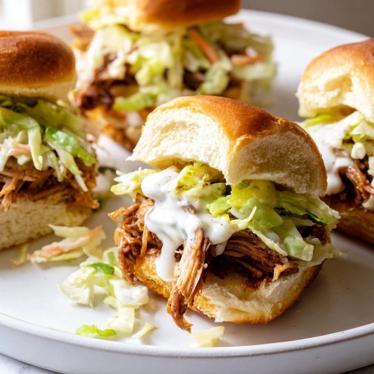 Juicy Alabama white sauce pulled lamb sliders piled high with crunchy creamy slaw