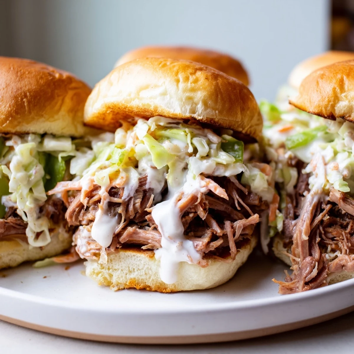 Tender shredded lamb dripping with tangy Alabama white sauce on toasted mini buns