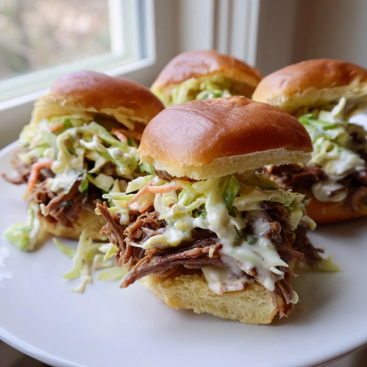 Golden slider buns overflowing with saucy Alabama white sauce pulled lamb and crisp cabbage slaw