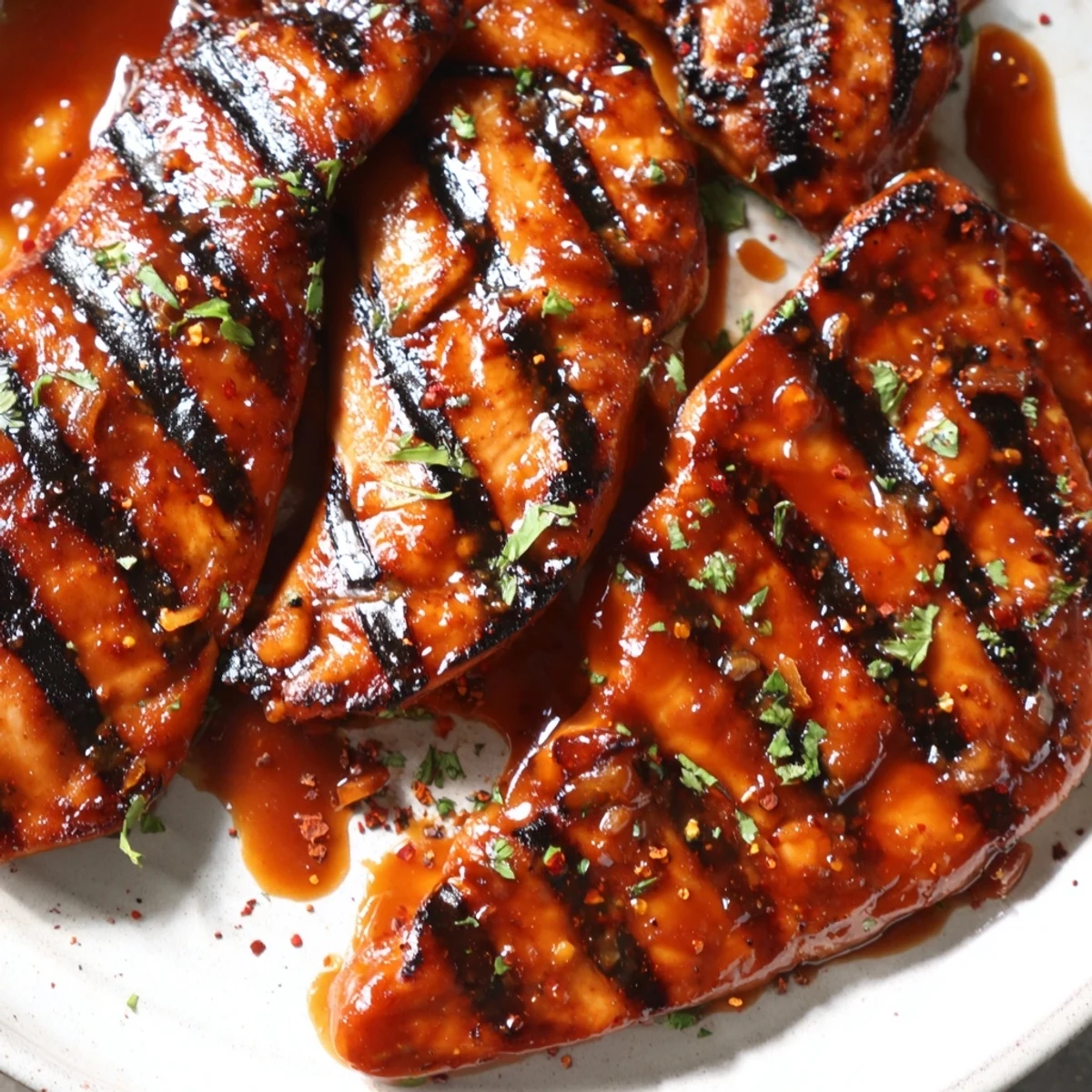 Juicy grilled Coca Cola glazed chicken breast with sticky caramelized grill marks on a plate