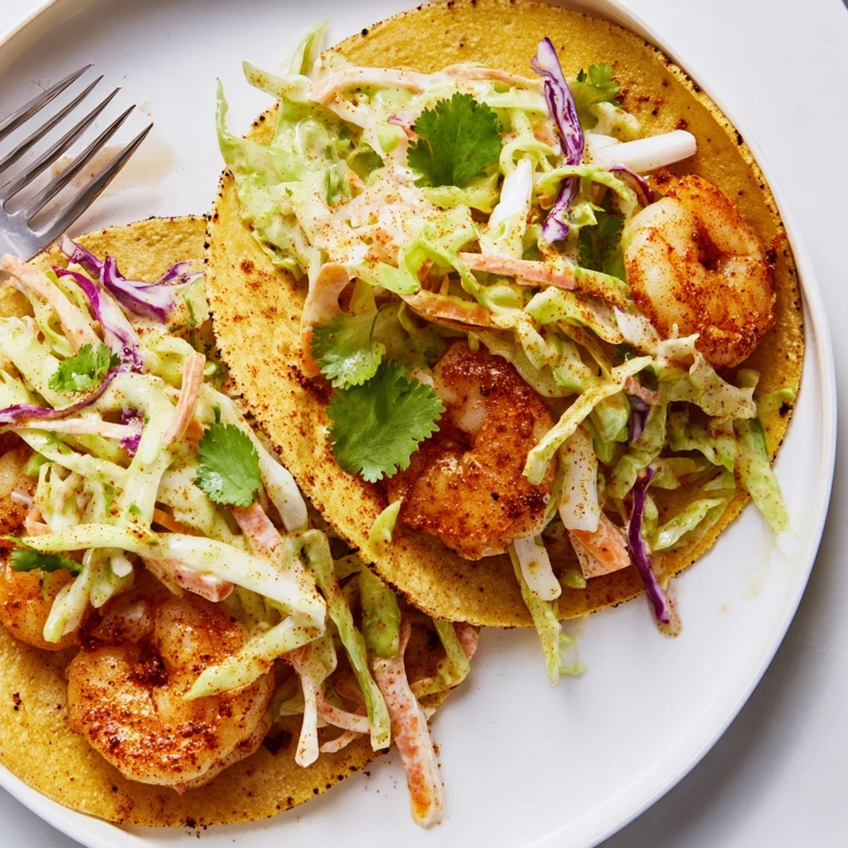 Spicy Shrimp Tacos piled high with vibrant garlic cilantro lime slaw on rustic plate