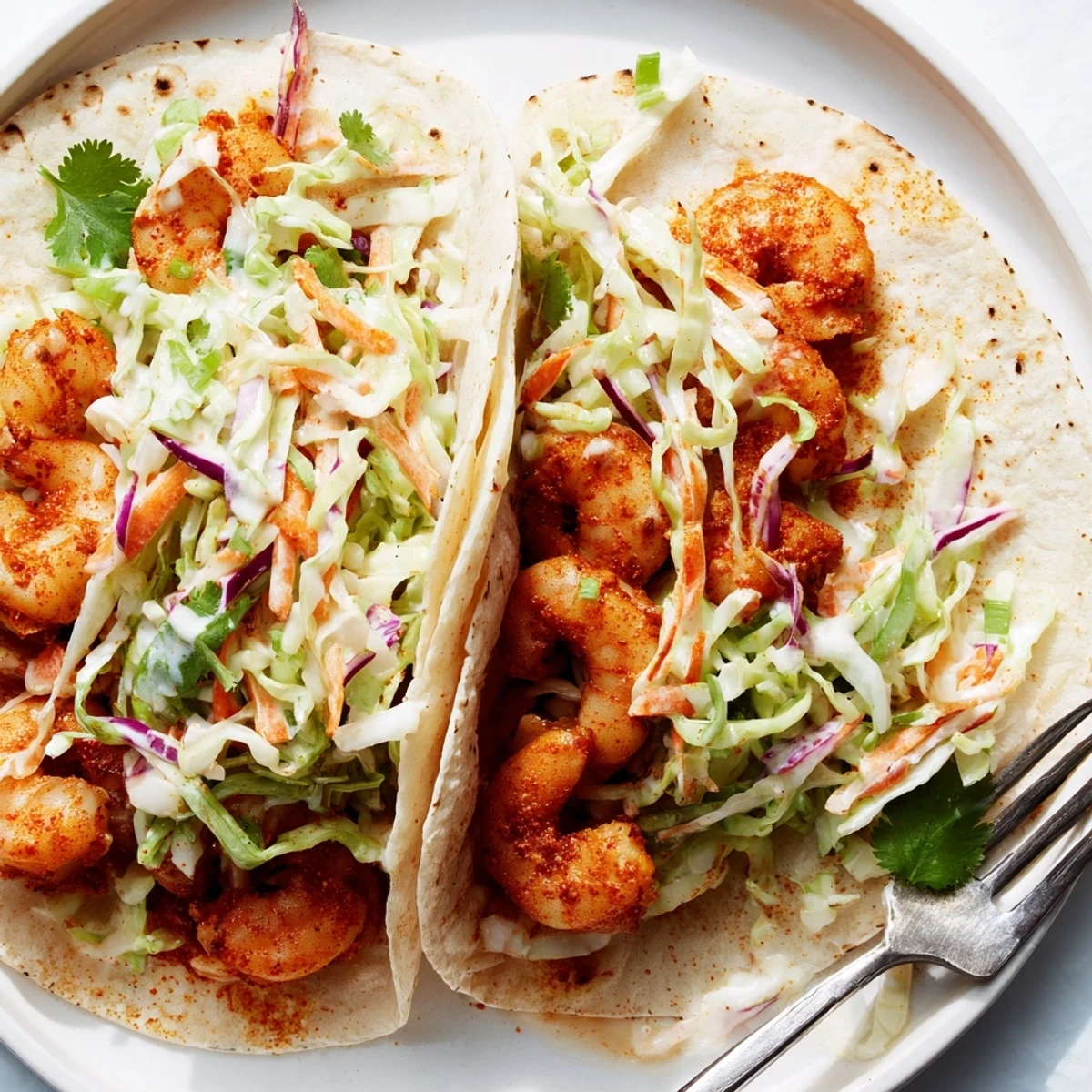 Golden seasoned shrimp nestled in warm tortillas beneath crunchy tangy garlic cilantro lime slaw