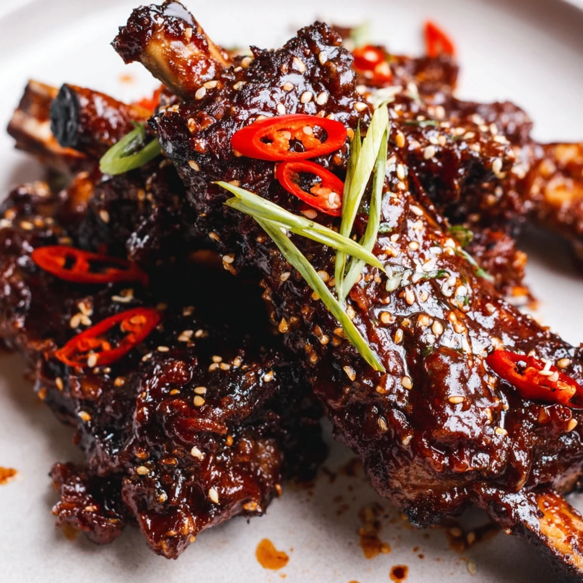 Glazed Korean BBQ lamb ribs caramelized on a sheet pan with scallion garnish
