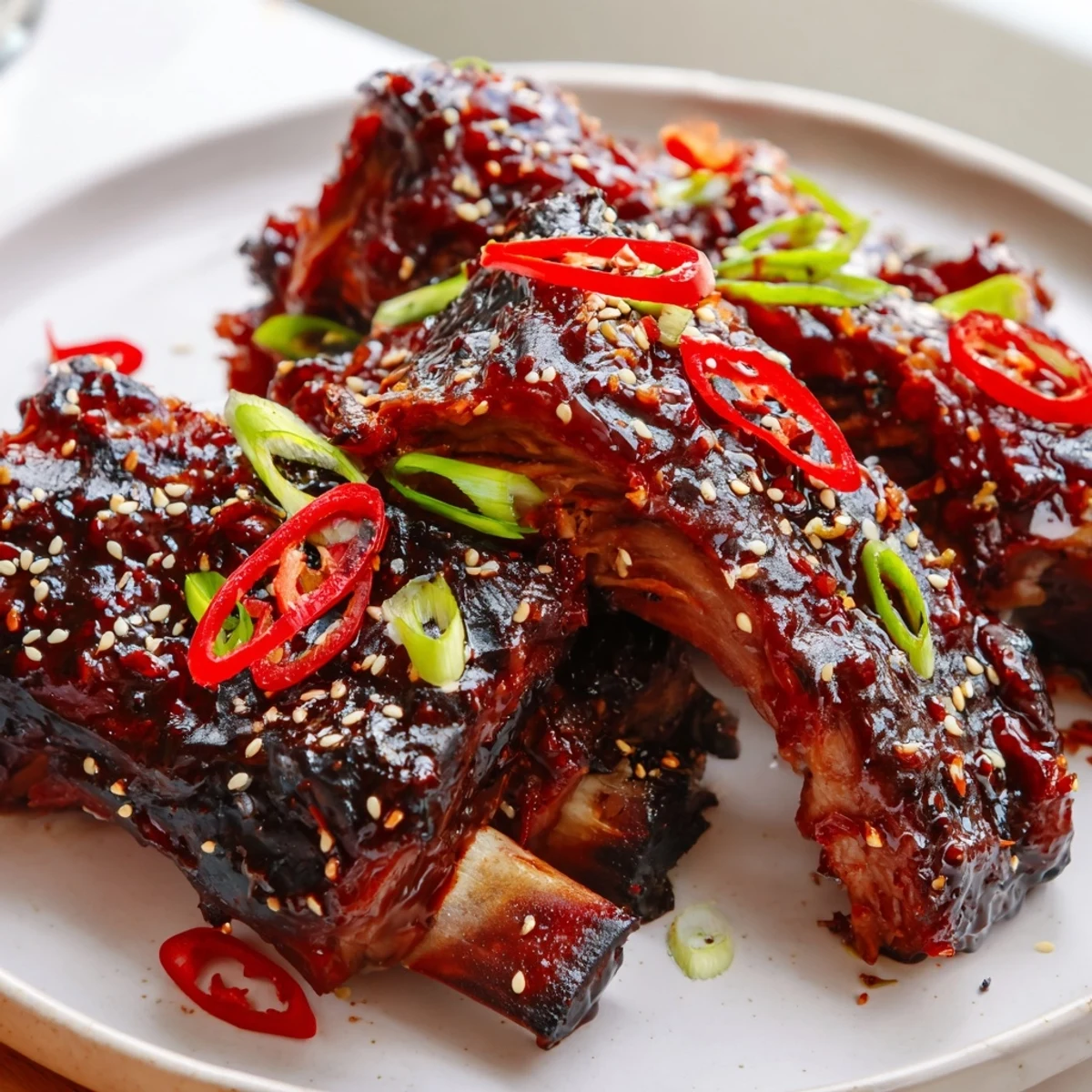 Juicy Korean BBQ lamb ribs glistening with sticky gochujang glaze and sesame seeds