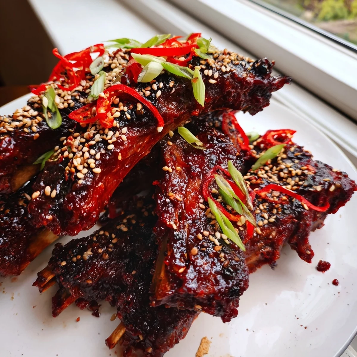 Charred Korean BBQ lamb ribs drizzled with bright yuzu juice on a rustic platter