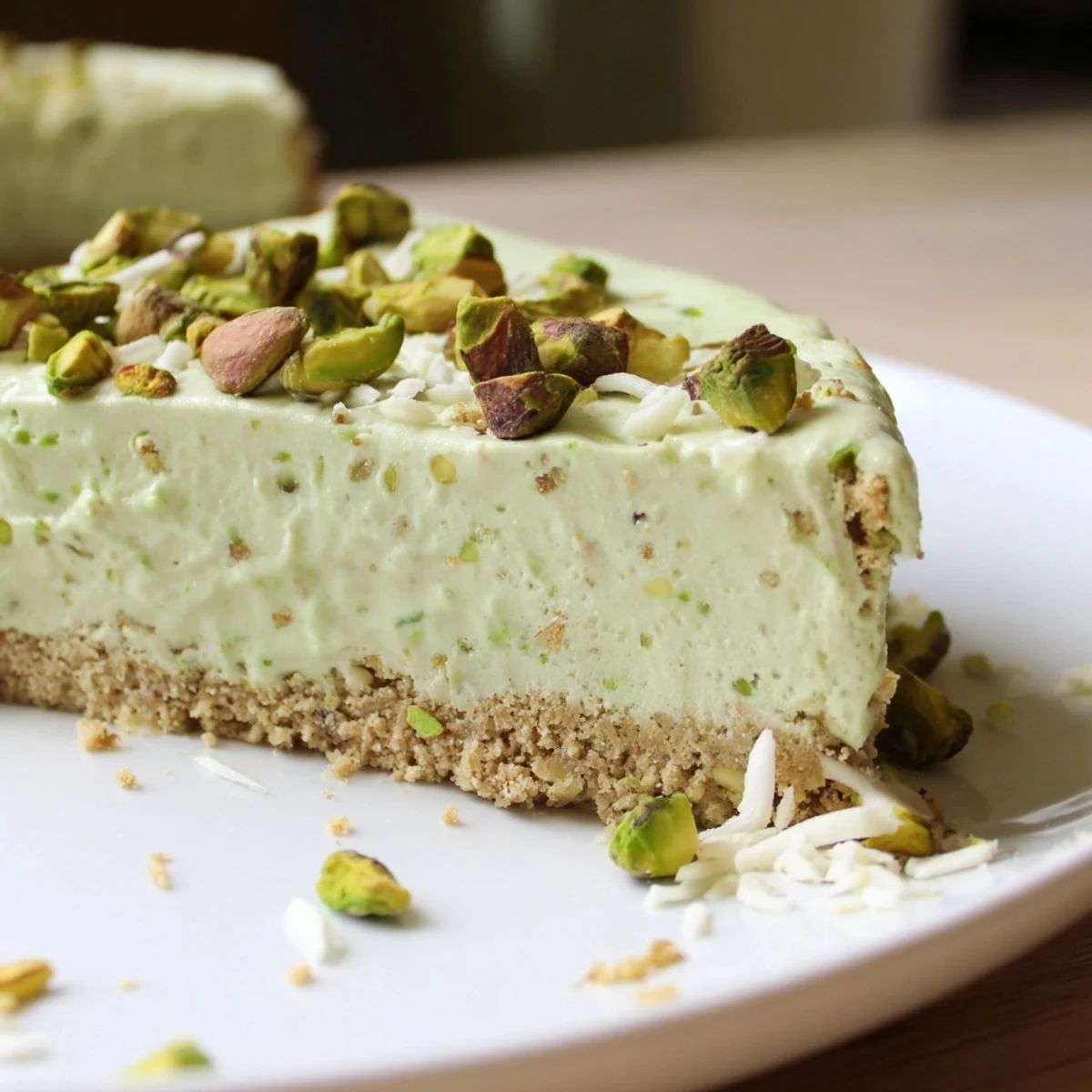 Creamy no bake pistachio cheesecake sliced and topped with crunchy chopped pistachios