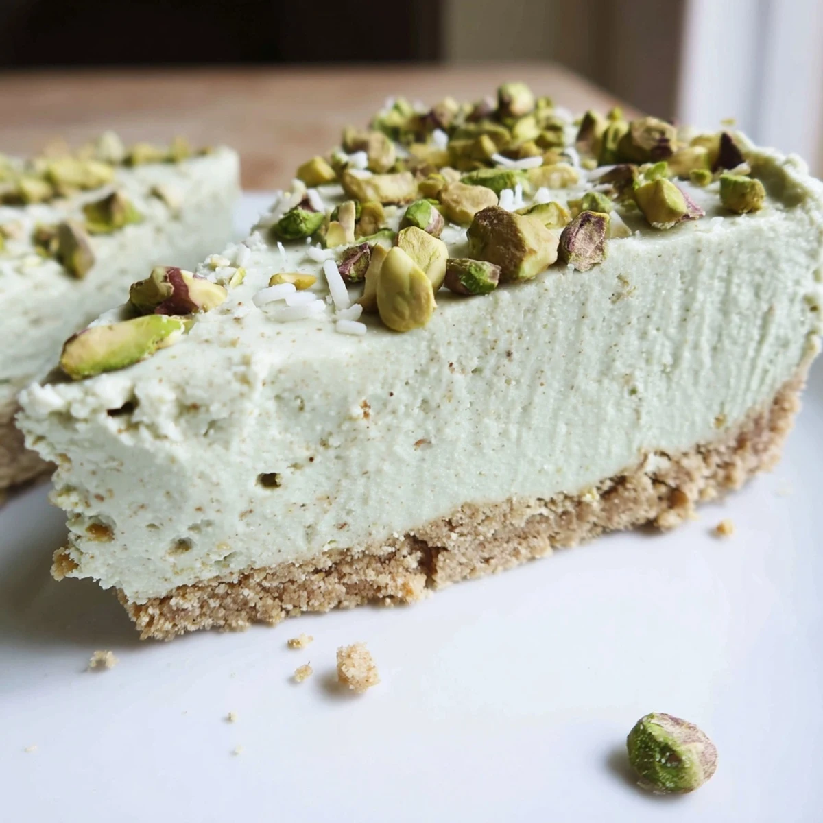Vibrant green no bake pistachio cheesecake with a golden graham cracker crust