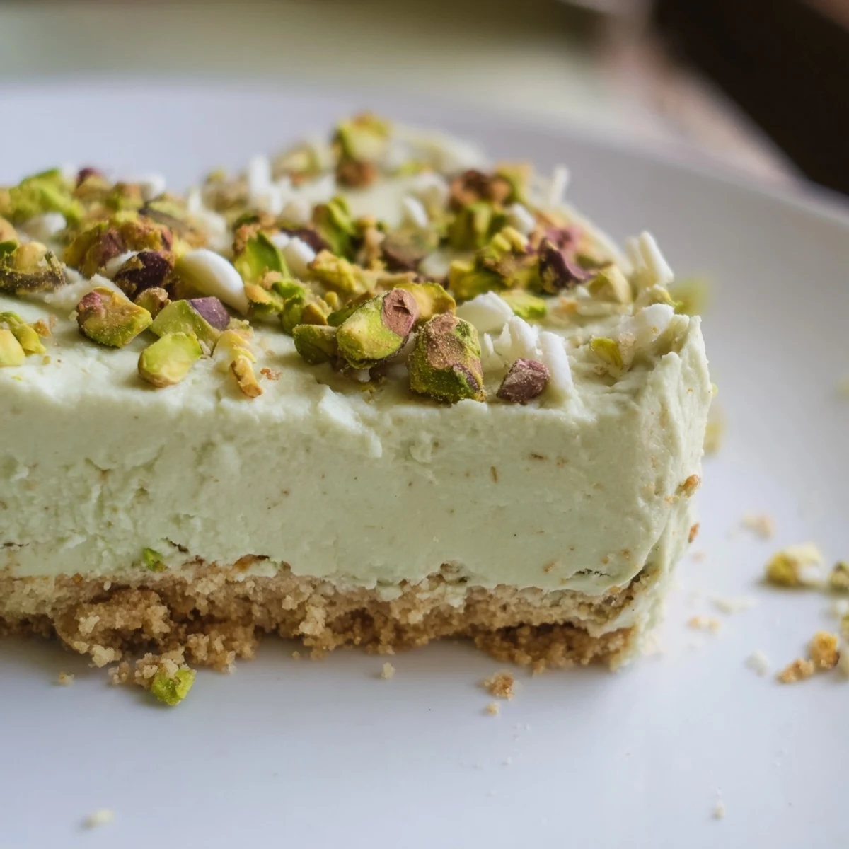 Silky no bake pistachio cheesecake served on a plate with pistachio garnish