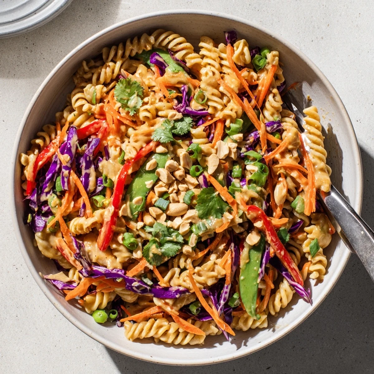 Creamy spicy Thai pasta salad tossed with crisp vegetables and zesty peanut dressing