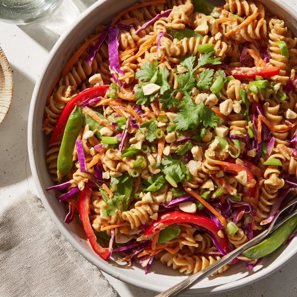 Colorful spicy Thai pasta salad garnished with crushed peanuts and fresh cilantro leaves