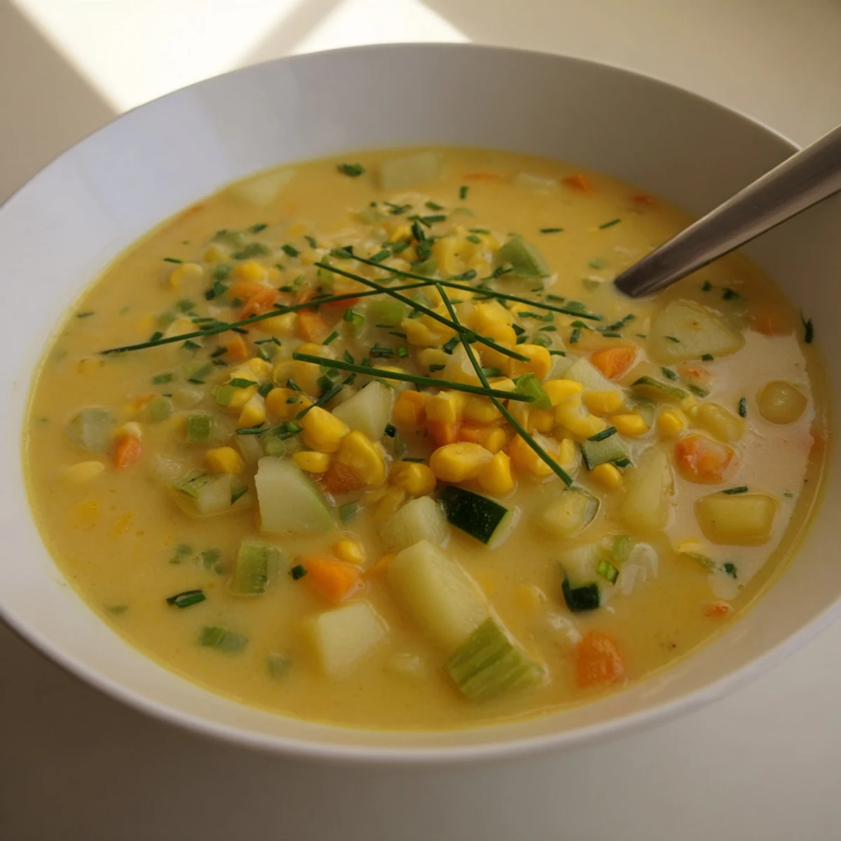 Creamy summer corn zucchini chowder topped with fresh chives in a rustic bowl