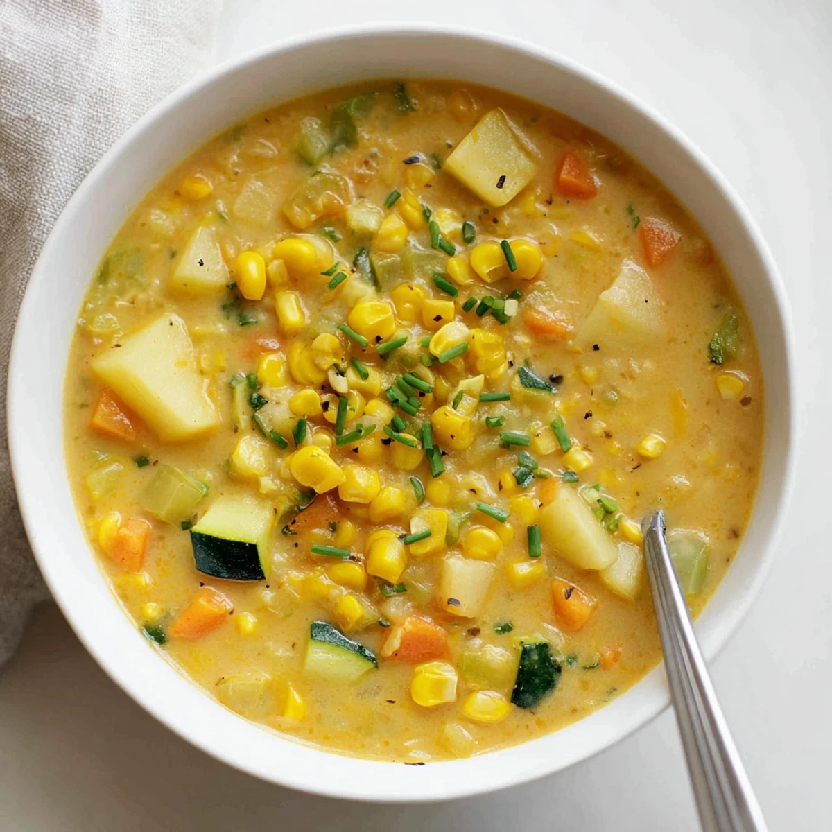 Golden summer corn zucchini chowder ladled into a mug with crusty bread alongside