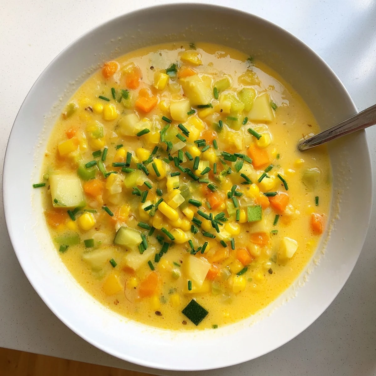 Thick velvety summer corn zucchini chowder brimming with tender potatoes and sweet corn