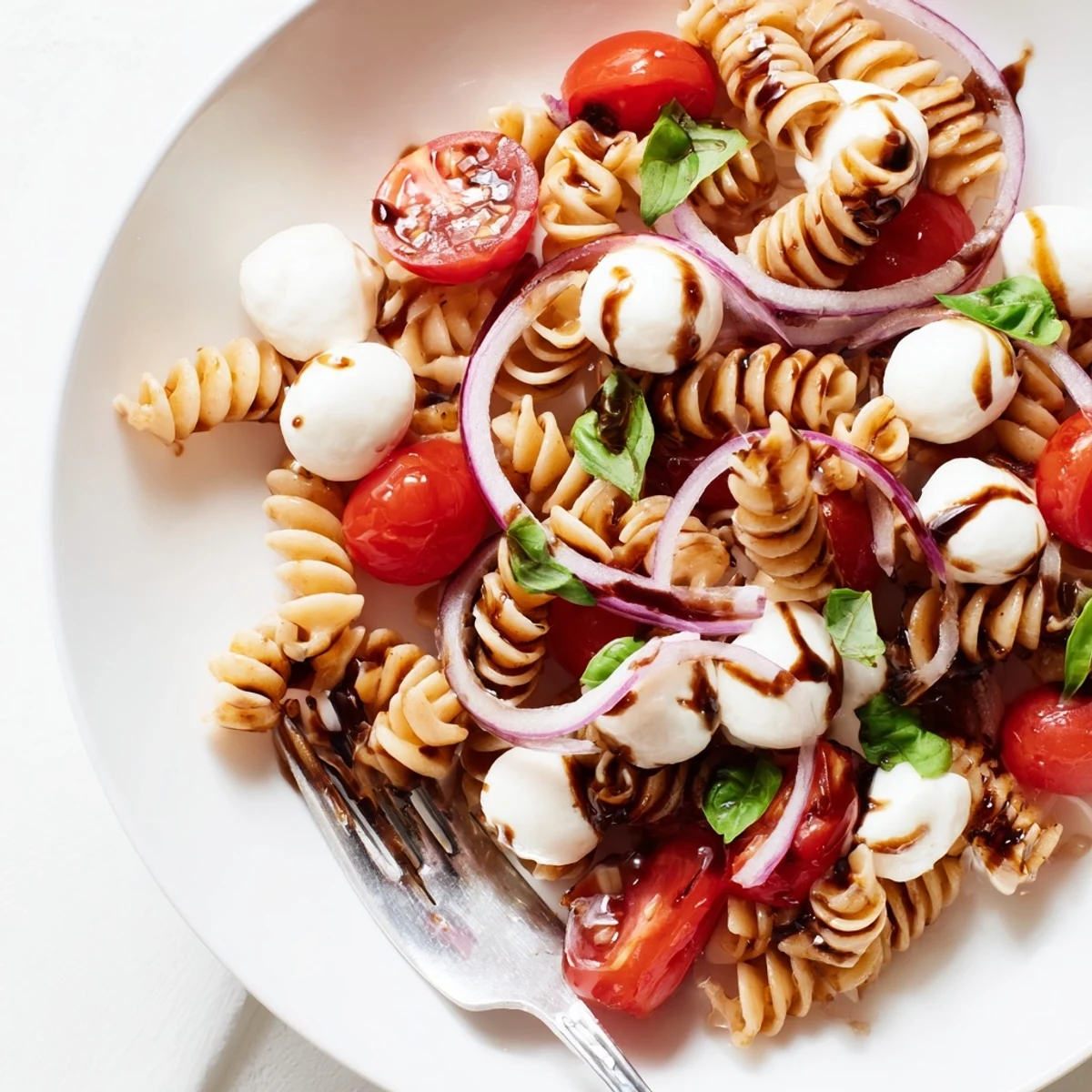 Colorful Caprese Pasta Salad with ripe tomatoes, fresh mozzarella, and fragrant basil leaves