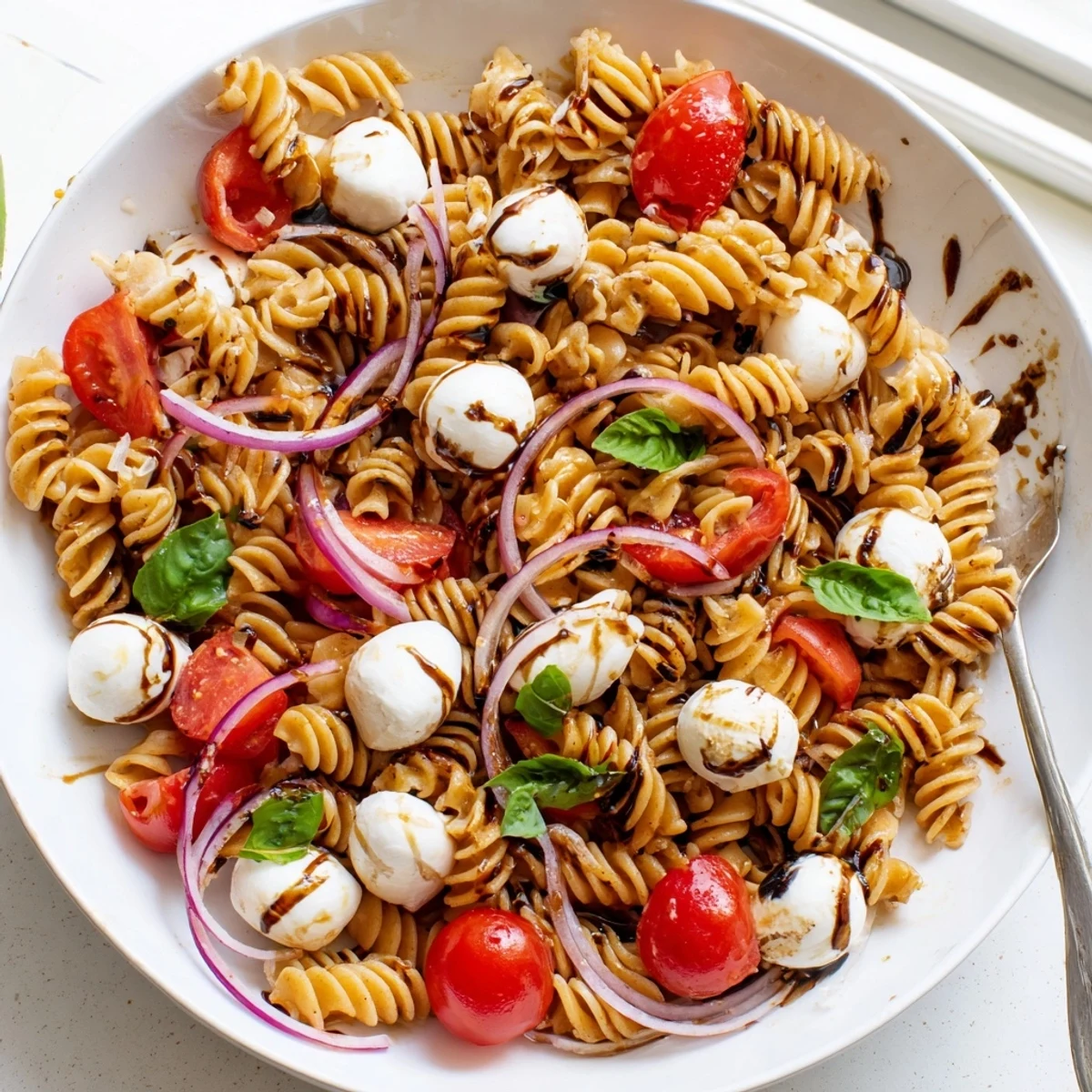 Creamy mozzarella and juicy tomatoes tossed in Caprese Pasta Salad with balsamic drizzle