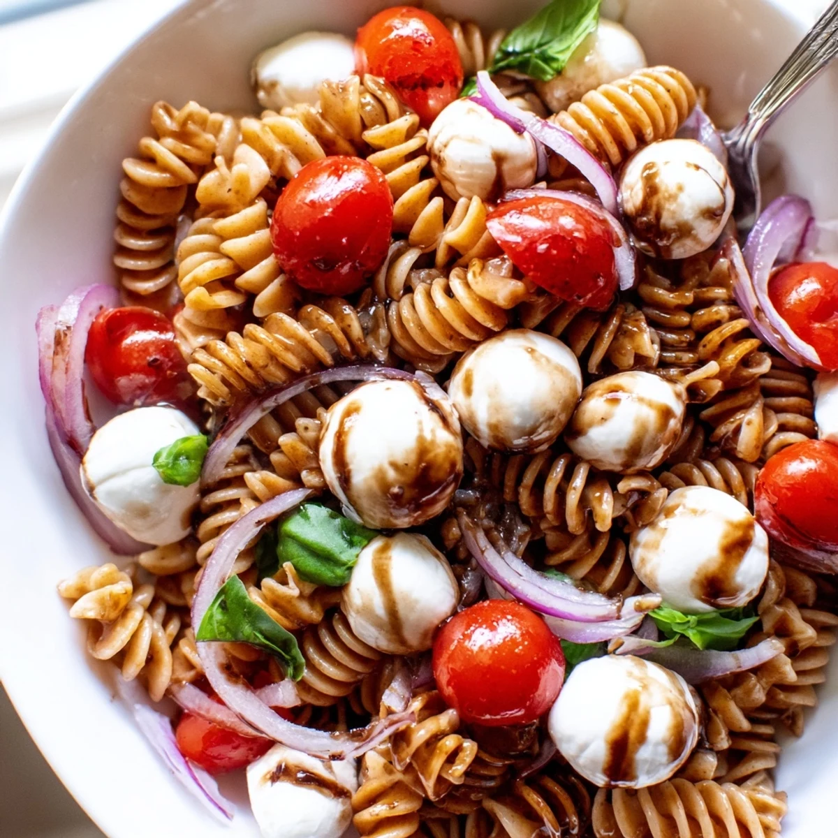 Steaming bowl of Caprese Pasta Salad garnished with torn basil and halved cherry tomatoes