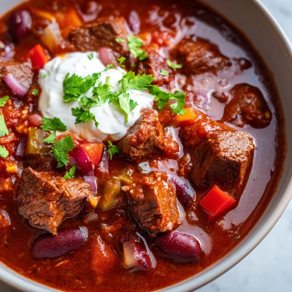 A steaming bowl of beefy chili stew topped with fresh cilantro and shredded cheddar cheese