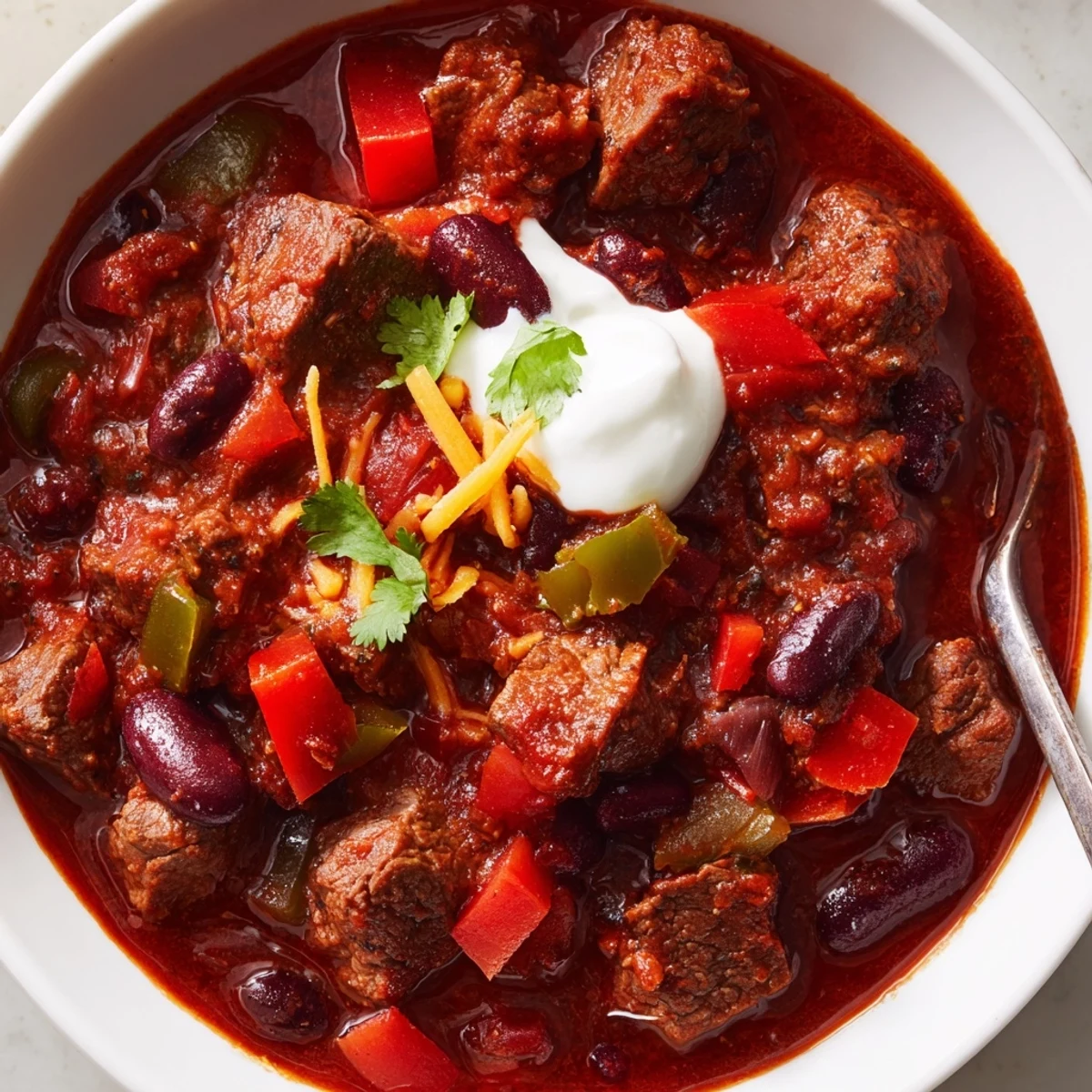 Thick beefy chili stew with tender beef chunks, kidney beans, and rich tomato broth