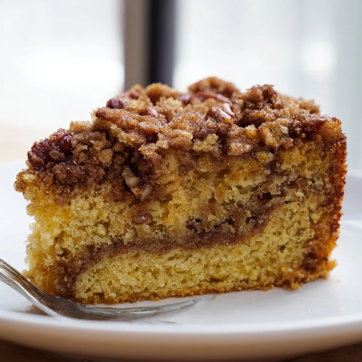 Cinnamon Pecan Crunch Coffee Cake with a golden crumbly streusel topping fresh from the oven
